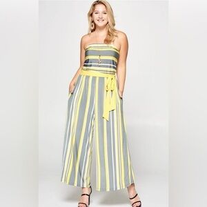 New!Plus Size Yellow Striped Wide Leg Jumpsuit Belt Side Pockets Sizes 1X 2X 3X